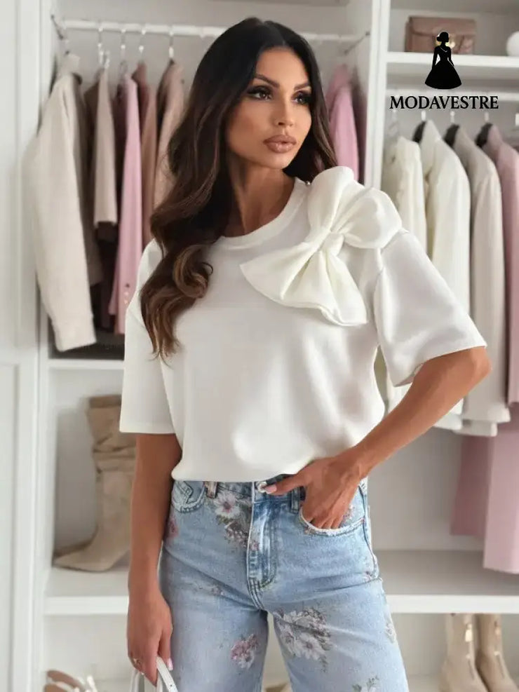 Summer Big Bow Women’s Short Sleeve White / 2XL