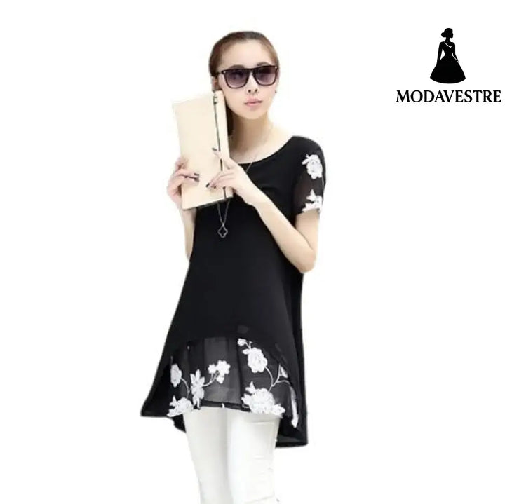 Summer Clothing New Short Sleeve Women’s Clothing Embroidered Chiffon Shirt Plump Girls Plus Size Women