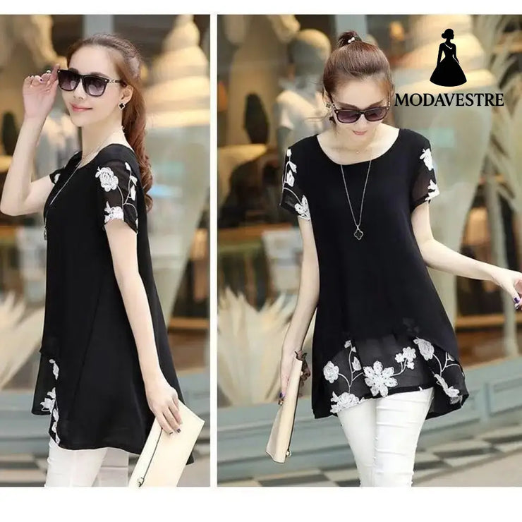 Summer Clothing New Short Sleeve Women’s Clothing Embroidered Chiffon Shirt Plump Girls Plus Size Women