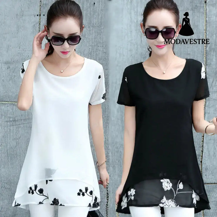 Summer Clothing New Short Sleeve Women’s Clothing Embroidered Chiffon Shirt Plump Girls Plus Size Women