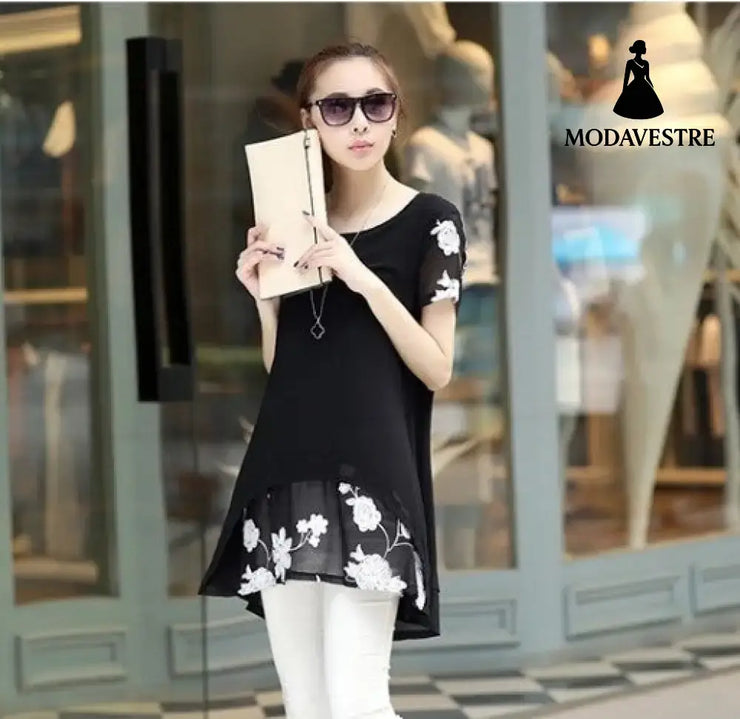 Summer Clothing New Short Sleeve Women’s Clothing Embroidered Chiffon Shirt Plump Girls Plus Size Women Black / 4XL