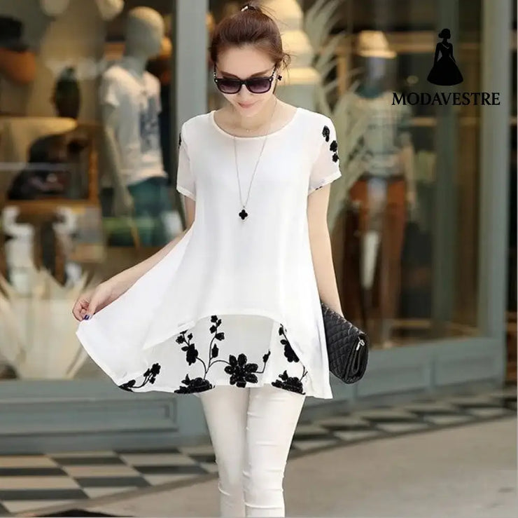 Summer Clothing New Short Sleeve Women’s Clothing Embroidered Chiffon Shirt Plump Girls Plus Size Women White / 4XL