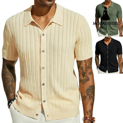 Summer Cool Knitted Men’s Shirt Short Sleeved Lapel Solid Color