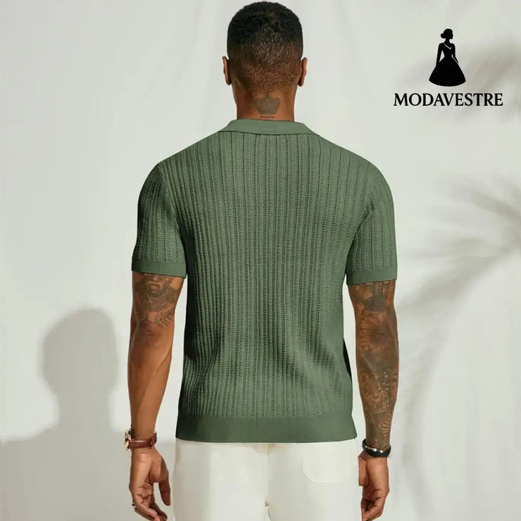 Summer Cool Knitted Men’s Shirt Short Sleeved Lapel Solid Color