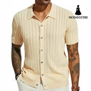 Summer Cool Knitted Men’s Shirt Short Sleeved Lapel Solid Color Apricot / L
