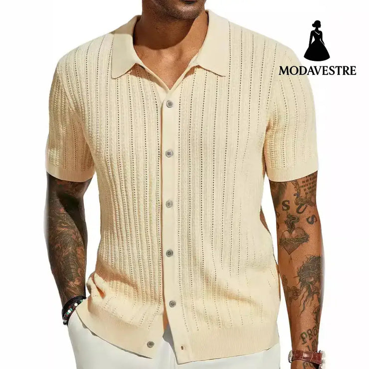 Summer Cool Knitted Men’s Shirt Short Sleeved Lapel Solid Color Apricot / L