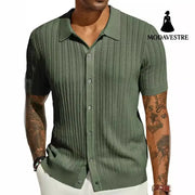 Summer Cool Knitted Men’s Shirt Short Sleeved Lapel Solid Color Army Green / L