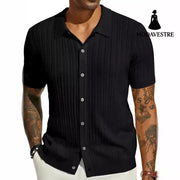 Summer Cool Knitted Men’s Shirt Short Sleeved Lapel Solid Color Black / L