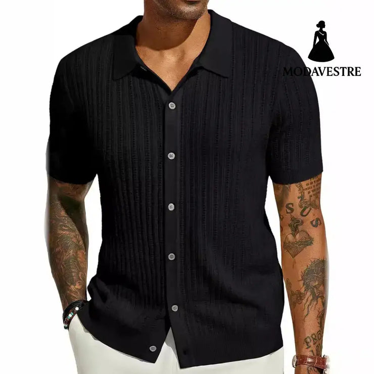 Summer Cool Knitted Men’s Shirt Short Sleeved Lapel Solid Color Black / L