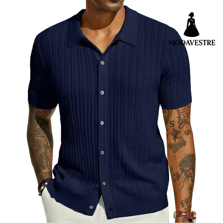 Summer Cool Knitted Men’s Shirt Short Sleeved Lapel Solid Color Dark Blue / L