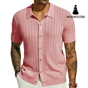 Summer Cool Knitted Men’s Shirt Short Sleeved Lapel Solid Color Pink / L