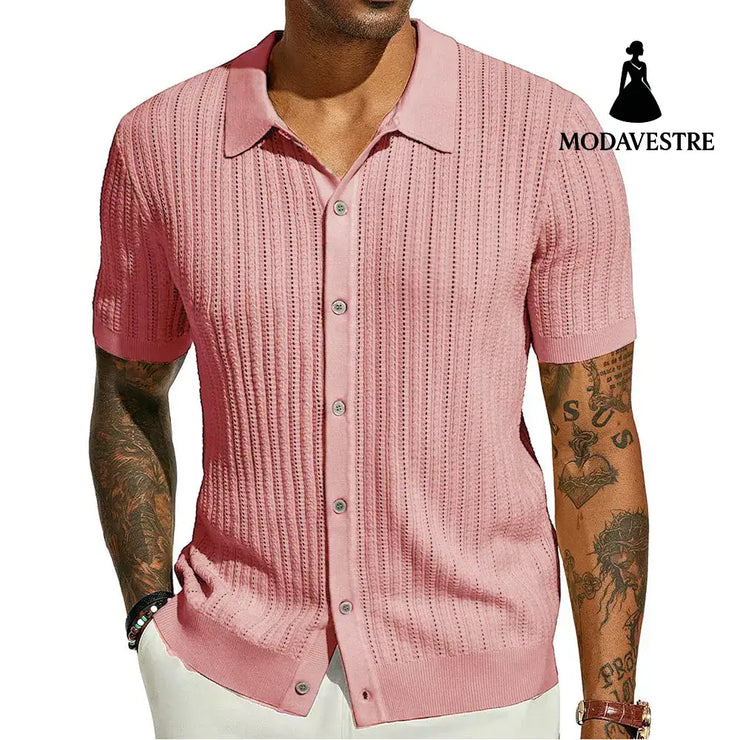 Summer Cool Knitted Men’s Shirt Short Sleeved Lapel Solid Color Pink / L