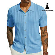 Summer Cool Knitted Men’s Shirt Short Sleeved Lapel Solid Color Sky Blue / L