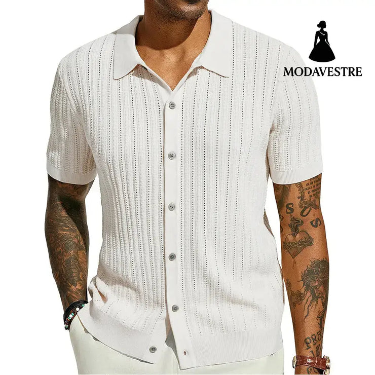 Summer Cool Knitted Men’s Shirt Short Sleeved Lapel Solid Color White / L