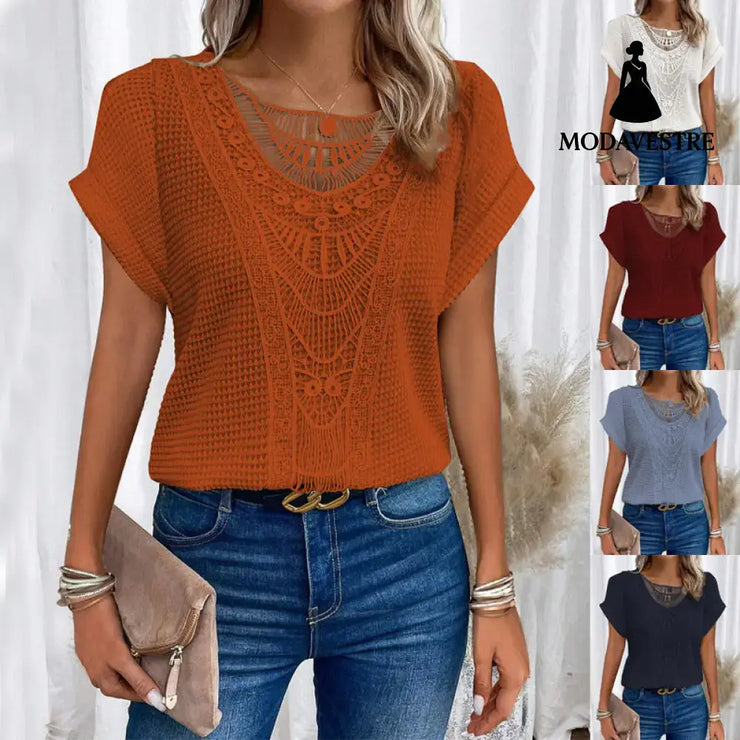 Summer Hollow Out Short-sleeved T-shirt Fashion Ethnic Style Tops Women’s Clothing
