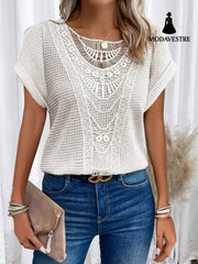 Summer Hollow Out Short-sleeved T-shirt Fashion Ethnic Style Tops Women’s Clothing Beige / 3XL