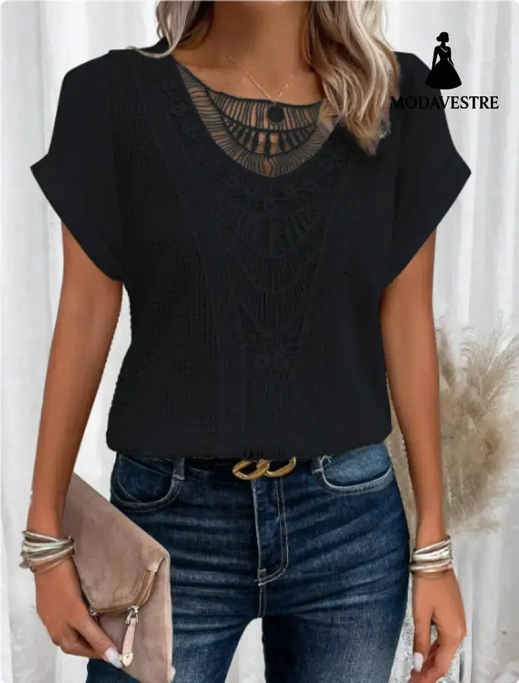 Summer Hollow Out Short-sleeved T-shirt Fashion Ethnic Style Tops Women’s Clothing Black / 3XL