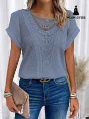 Summer Hollow Out Short-sleeved T-shirt Fashion Ethnic Style Tops Women’s Clothing Blue / 3XL