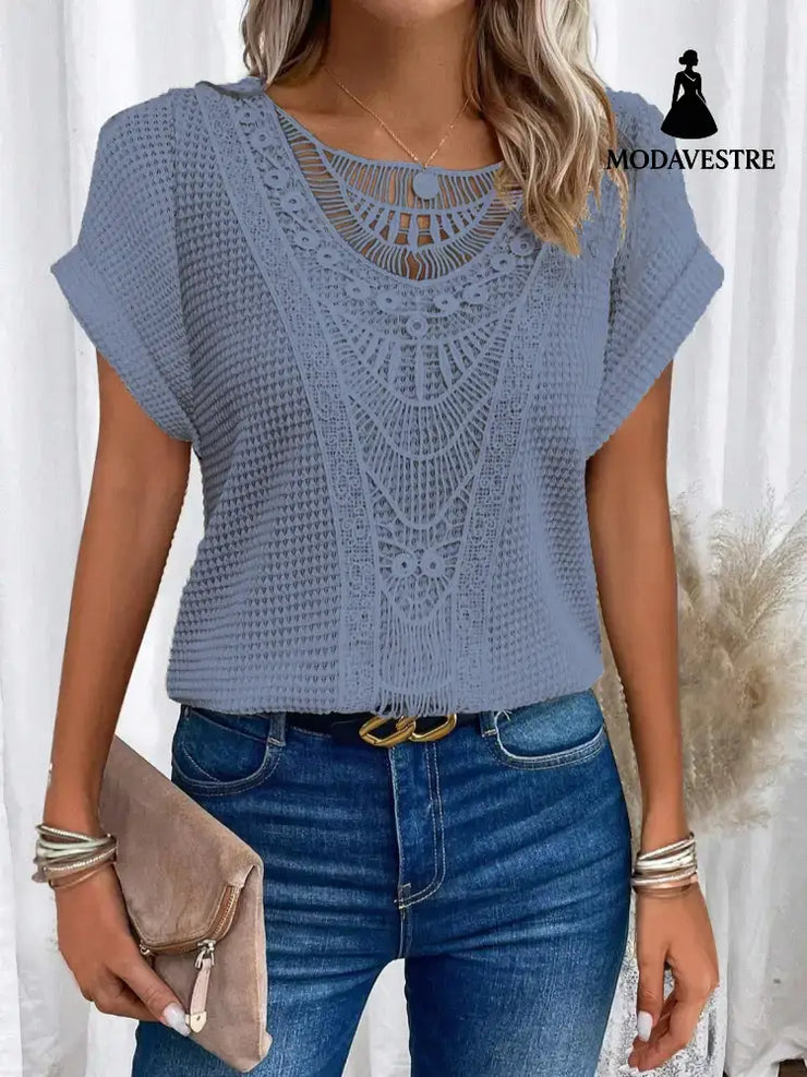 Summer Hollow Out Short-sleeved T-shirt Fashion Ethnic Style Tops Women’s Clothing Blue / 3XL