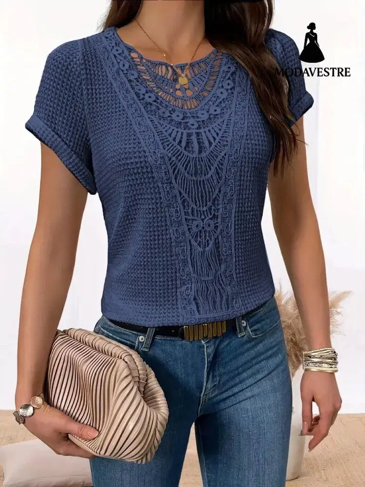 Summer Hollow Out Short-sleeved T-shirt Fashion Ethnic Style Tops Women’s Clothing Dark Blue / 3XL