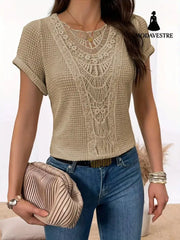 Summer Hollow Out Short-sleeved T-shirt Fashion Ethnic Style Tops Women’s Clothing Khaki / L