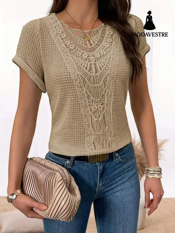 Summer Hollow Out Short-sleeved T-shirt Fashion Ethnic Style Tops Women’s Clothing Khaki / L