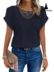 Summer Hollow Out Short-sleeved T-shirt Fashion Ethnic Style Tops Women’s Clothing Navy Blue / 3XL