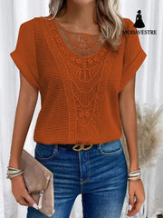 Summer Hollow Out Short-sleeved T-shirt Fashion Ethnic Style Tops Women’s Clothing Orange Red / 3XL