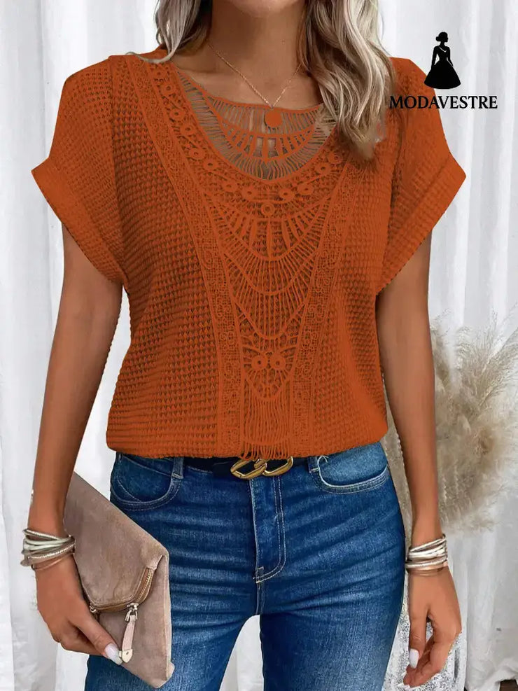 Summer Hollow Out Short-sleeved T-shirt Fashion Ethnic Style Tops Women’s Clothing Orange Red / 3XL