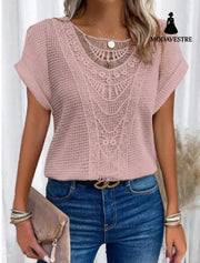 Summer Hollow Out Short-sleeved T-shirt Fashion Ethnic Style Tops Women’s Clothing Pink / 3XL