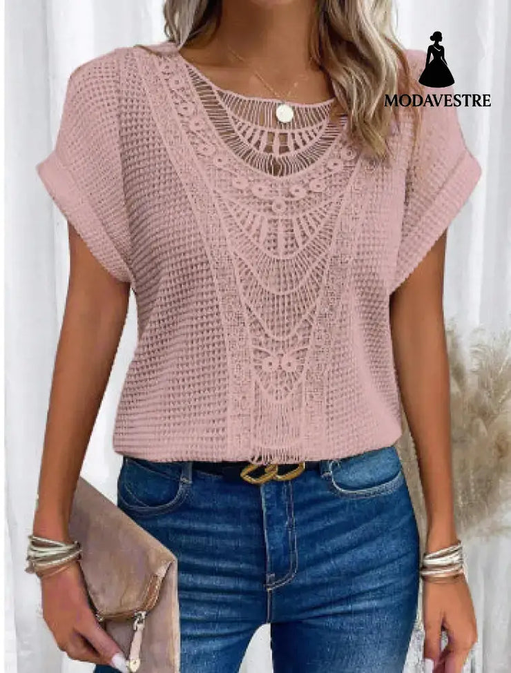 Summer Hollow Out Short-sleeved T-shirt Fashion Ethnic Style Tops Women’s Clothing Pink / 3XL