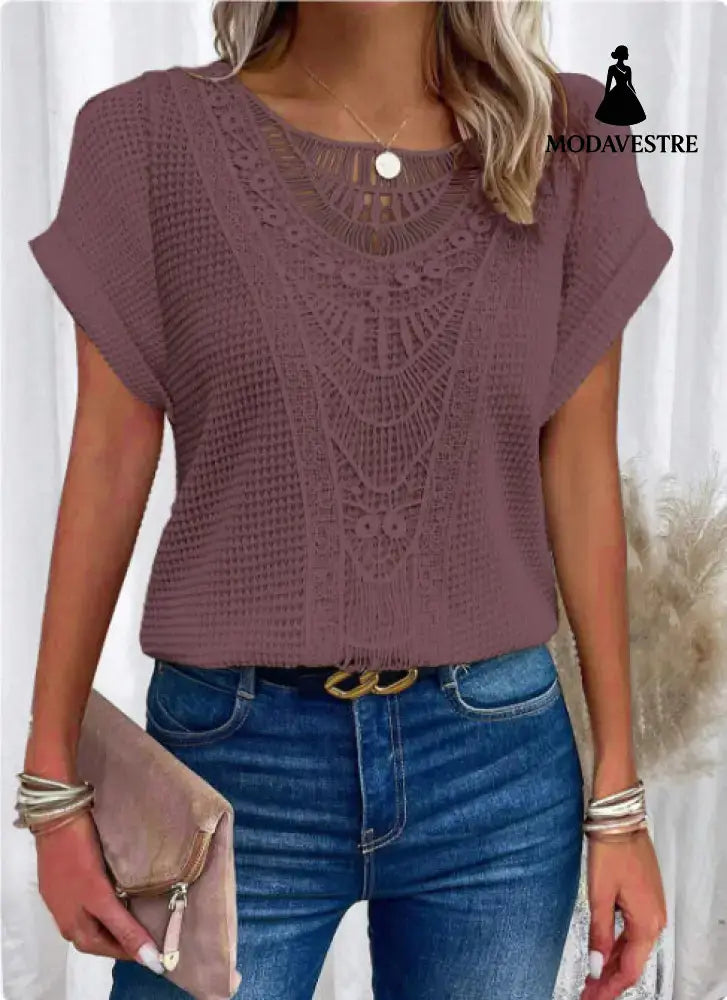 Summer Hollow Out Short-sleeved T-shirt Fashion Ethnic Style Tops Women’s Clothing Purple red / 3XL