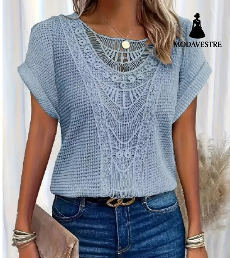 Summer Hollow Out Short-sleeved T-shirt Fashion Ethnic Style Tops Women’s Clothing Sky Blue / L