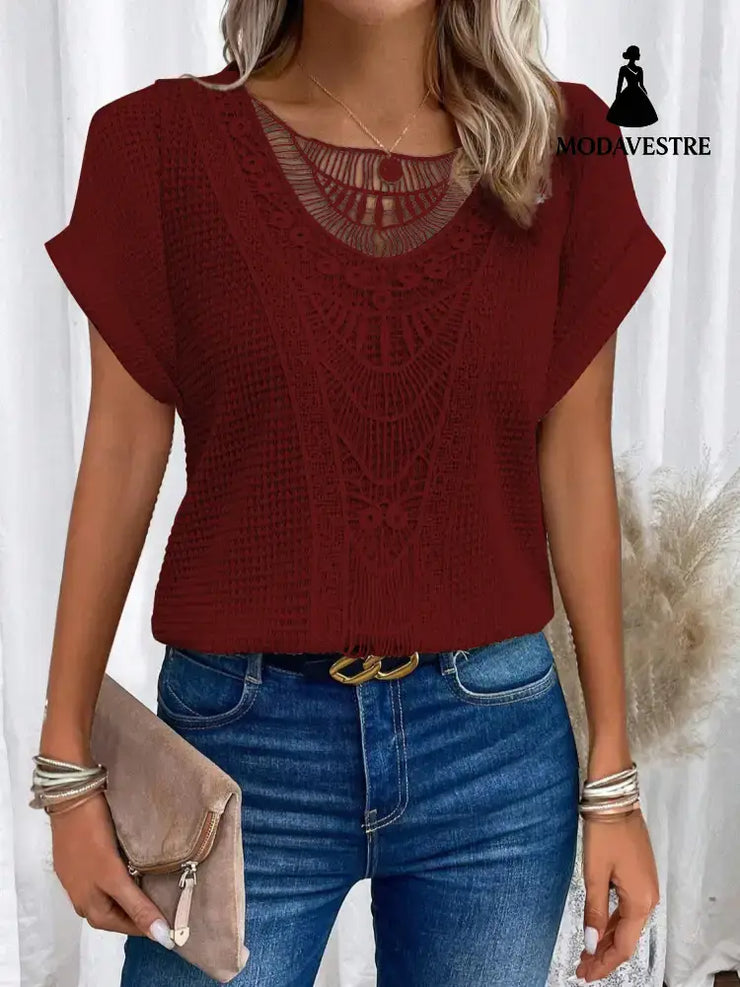Summer Hollow Out Short-sleeved T-shirt Fashion Ethnic Style Tops Women’s Clothing Wine Red / 3XL