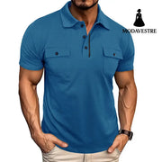 Summer Lapel Button Polo Shirt With Pockets Outdoor Fashion Short Sleeve Tops For Men Clothing Blue / L T-shirt