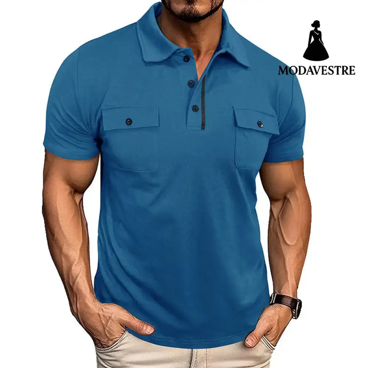Summer Lapel Button Polo Shirt With Pockets Outdoor Fashion Short Sleeve Tops For Men Clothing Blue / L T-shirt