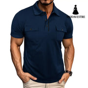 Summer Lapel Button Polo Shirt With Pockets Outdoor Fashion Short Sleeve Tops For Men Clothing Navy Blue / L T-shirt