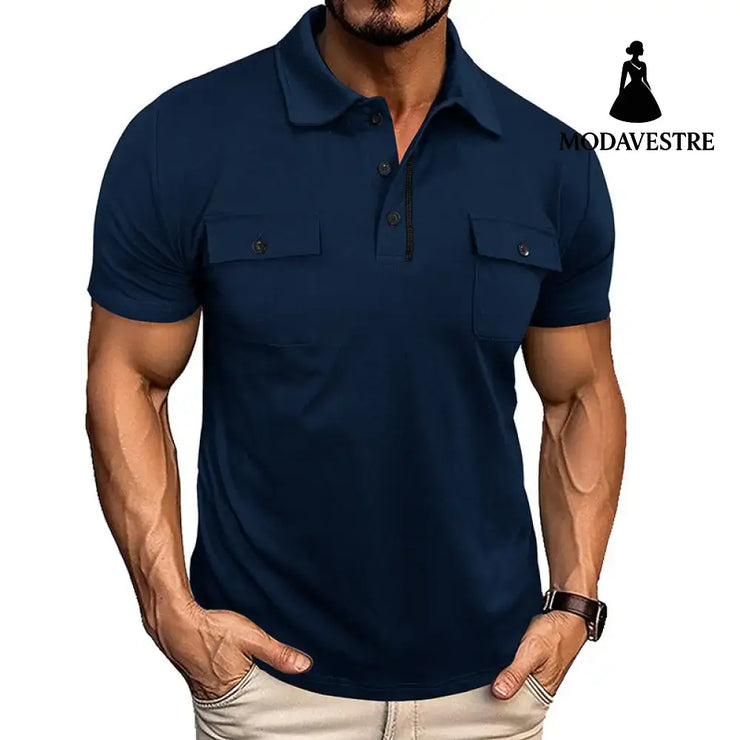 Summer Lapel Button Polo Shirt With Pockets Outdoor Fashion Short Sleeve Tops For Men Clothing Navy Blue / L T-shirt