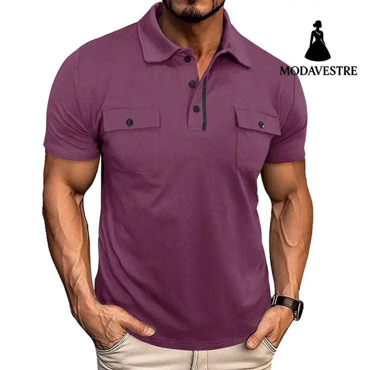 Summer Lapel Button Polo Shirt With Pockets Outdoor Fashion Short Sleeve Tops For Men Clothing Purplish Red / L T-shirt