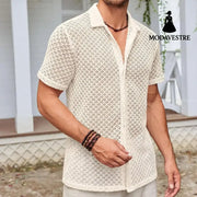 Summer Mesh Short Sleeve Shirt Fashion Solid Color Lapel Shirt Tops Beach Men Clothing Beige / L T-shirt