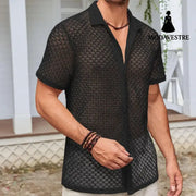 Summer Mesh Short Sleeve Shirt Fashion Solid Color Lapel Shirt Tops Beach Men Clothing Black / L T-shirt