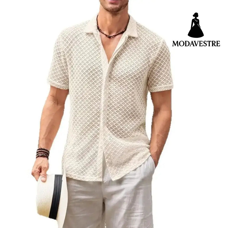 Summer Mesh Short Sleeve Shirt Fashion Solid Color Lapel Shirt Tops Beach Men Clothing T-shirt