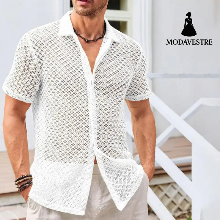 Summer Mesh Short Sleeve Shirt Fashion Solid Color Lapel Shirt Tops Beach Men Clothing White / L T-shirt