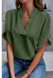 Summer Short-sleeved Chiffon Shirt New V-neck Shirt Women’s Casual Versatile Clothing Army Green / L