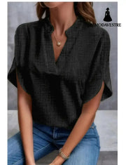 Summer Short-sleeved Chiffon Shirt New V-neck Shirt Women’s Casual Versatile Clothing Black A / L