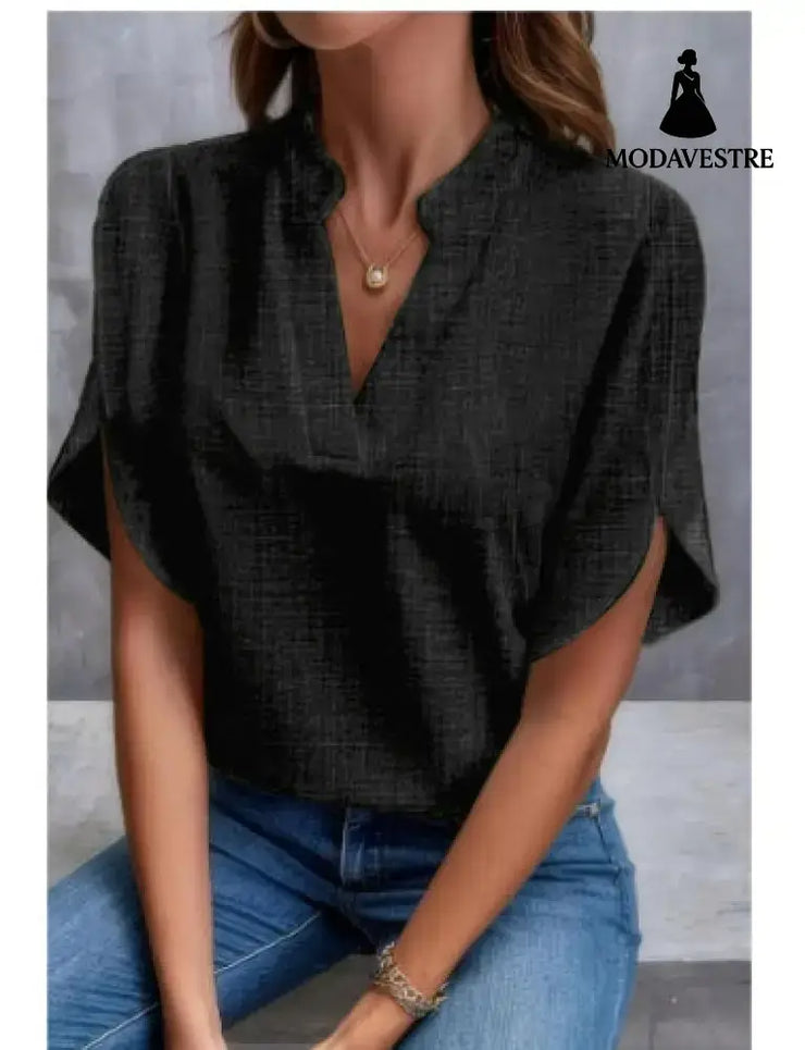 Summer Short-sleeved Chiffon Shirt New V-neck Shirt Women’s Casual Versatile Clothing Black A / L