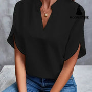 Summer Short-sleeved Chiffon Shirt New V-neck Shirt Women’s Casual Versatile Clothing Black / L