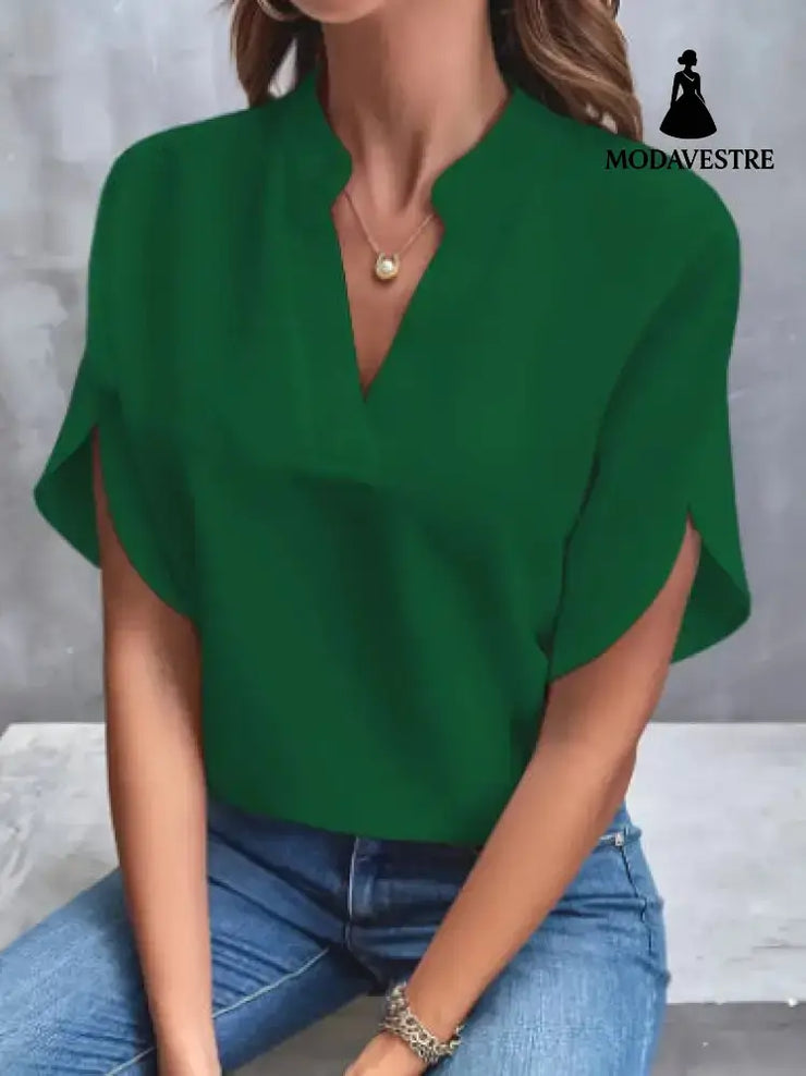 Summer Short-sleeved Chiffon Shirt New V-neck Shirt Women’s Casual Versatile Clothing Green / L