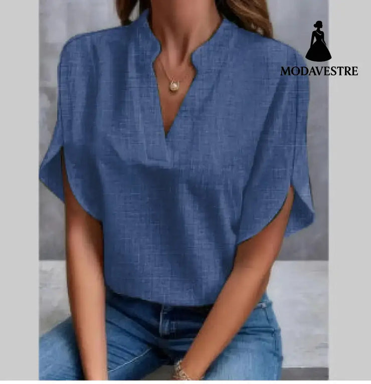 Summer Short-sleeved Chiffon Shirt New V-neck Shirt Women’s Casual Versatile Clothing Navy Blue / L