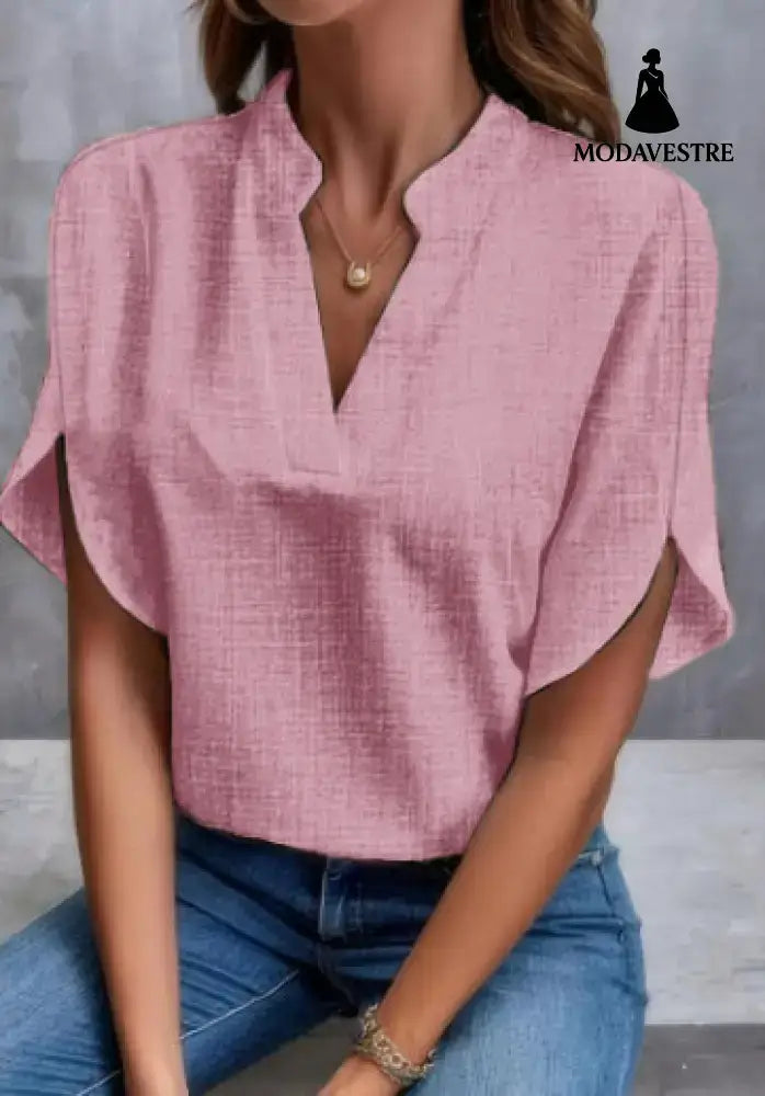 Summer Short-sleeved Chiffon Shirt New V-neck Shirt Women’s Casual Versatile Clothing Pink A / L